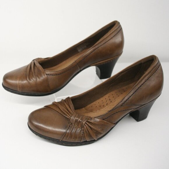 New Balance Cobb Hill Antique Brown Leather Pleated Knot Slip On Pump Heel Sz 10 - Picture 1 of 15